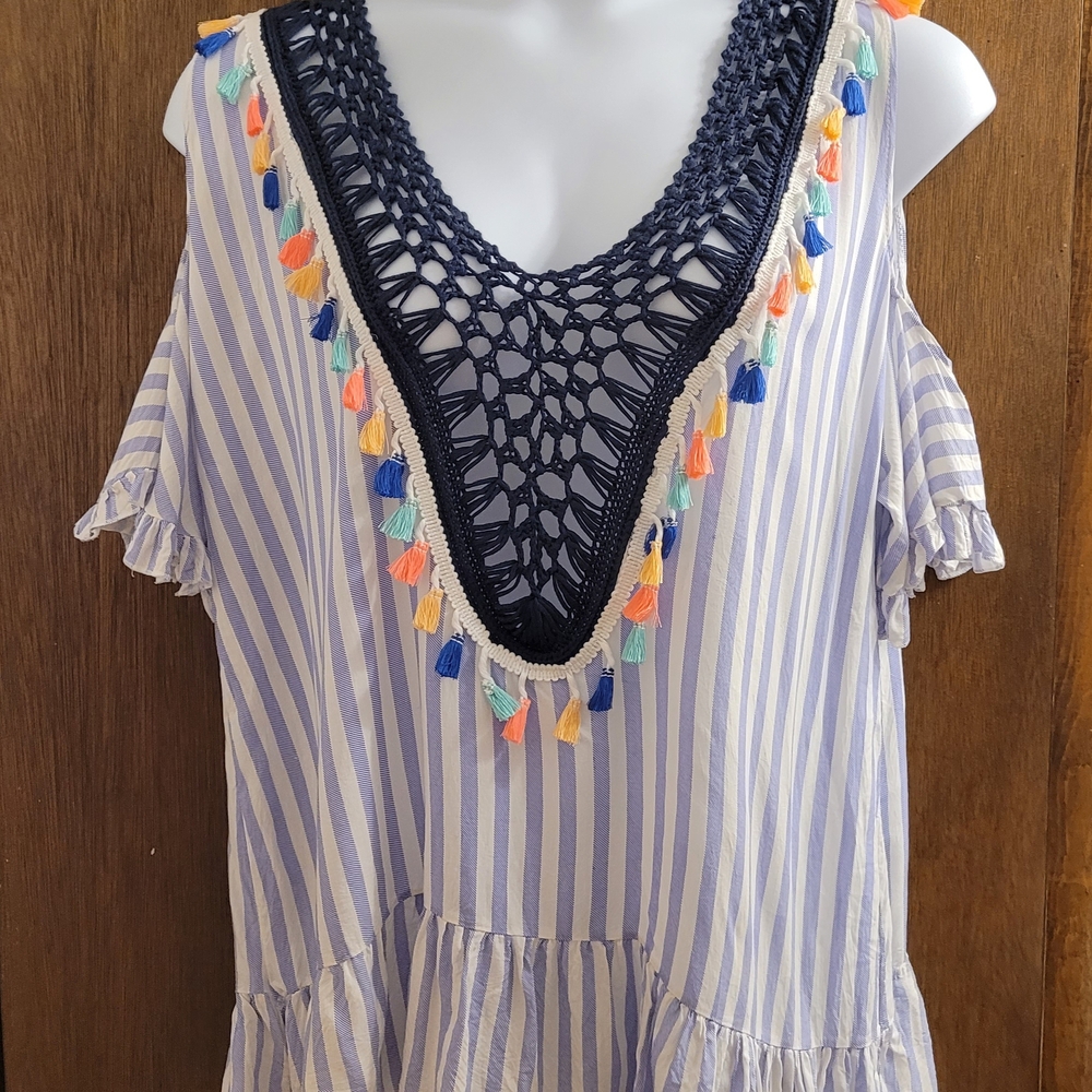 India Boutique Womens Blue White  Tassels Top Beach Coverup Sz Medium Indie